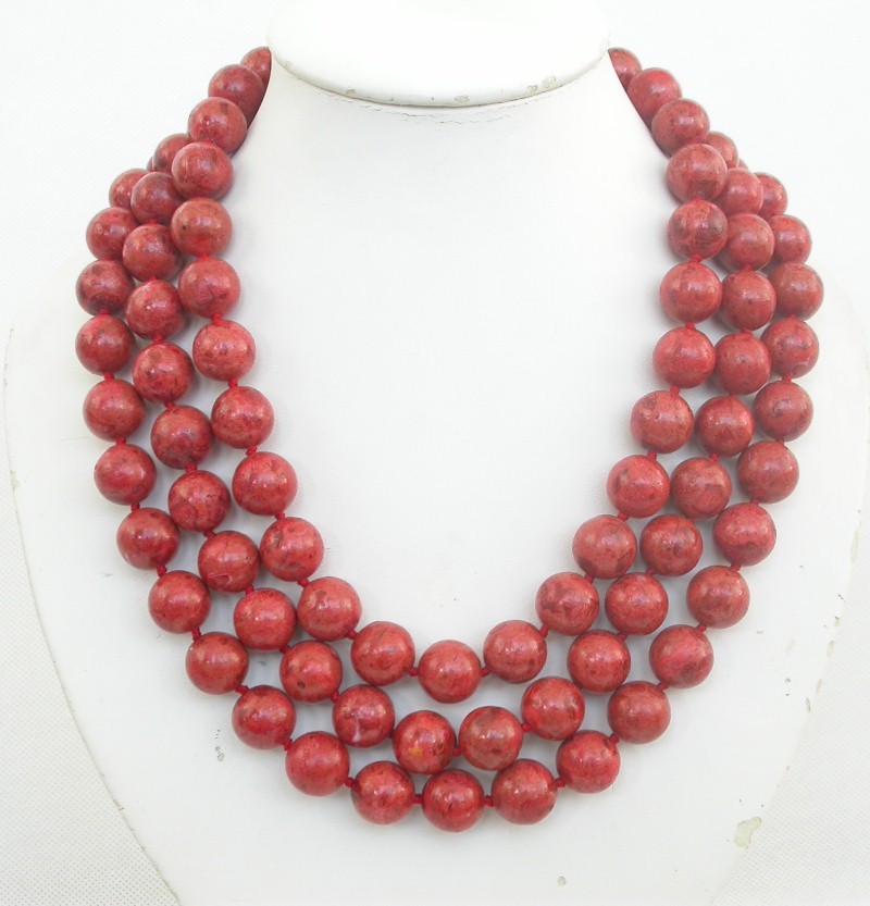 AAA natural 19" 3row 14mm round red sponge coral necklace mabe pearl clasp c1712
