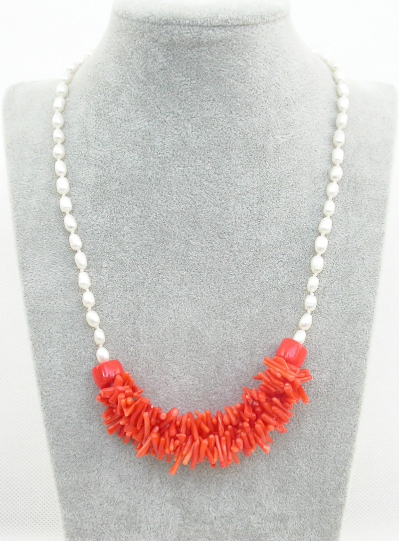 AAA natural 18" Baroque branch pink coral rice white pearls necklace c1715