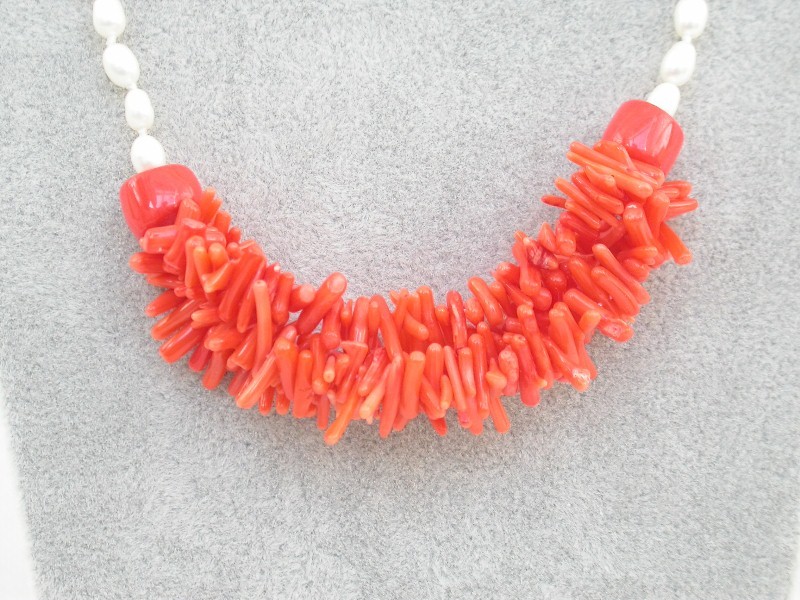 AAA natural 18" Baroque branch pink coral rice white pearls necklace c1715