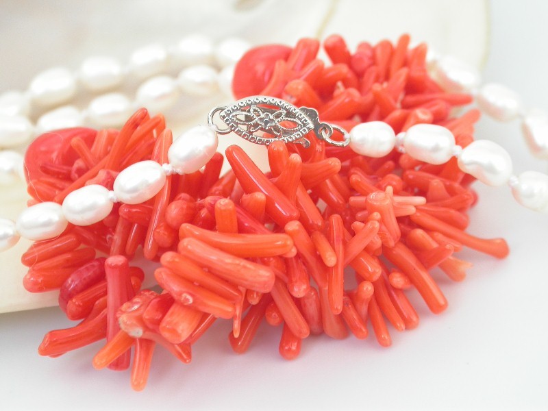 AAA natural 18" Baroque branch pink coral rice white pearls necklace c1715