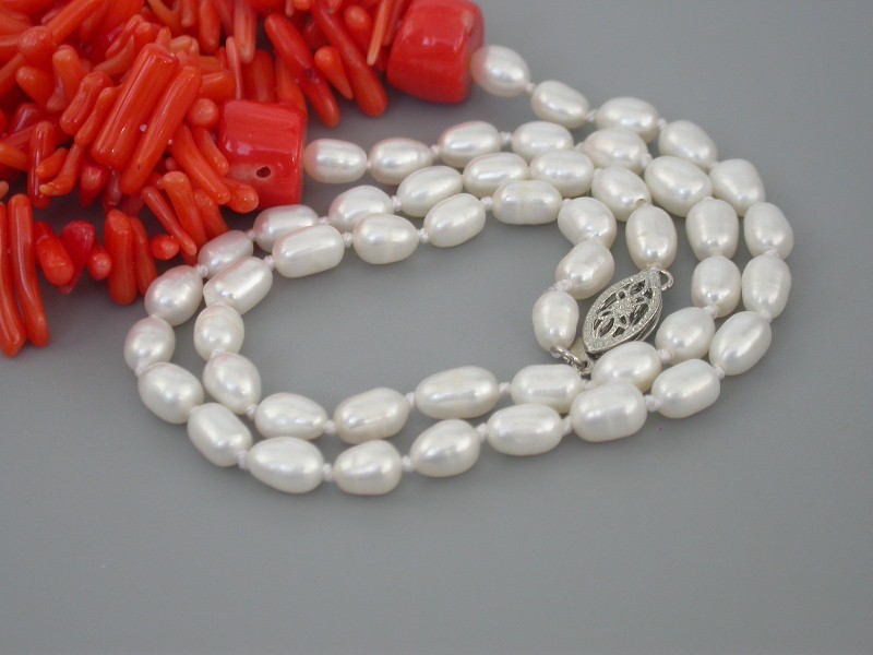 AAA natural 18" Baroque branch pink coral rice white pearls necklace c1715