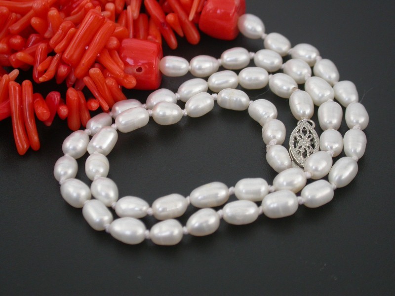 AAA natural 18" Baroque branch pink coral rice white pearls necklace c1715