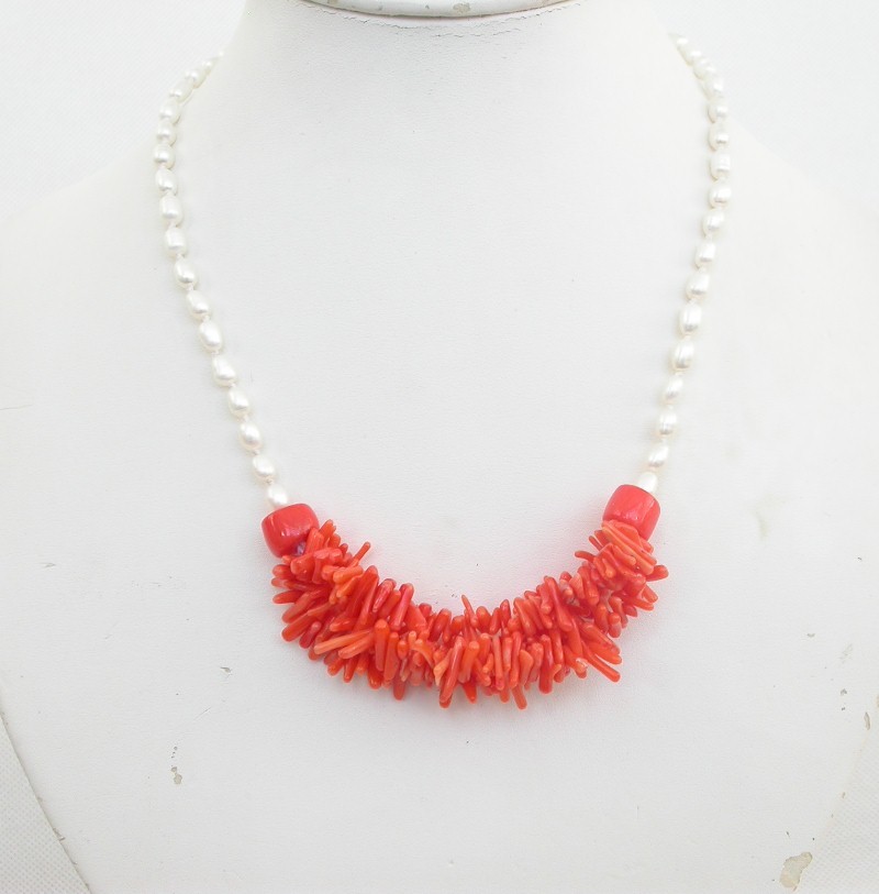 AAA natural 18" Baroque branch pink coral rice white pearls necklace c1715