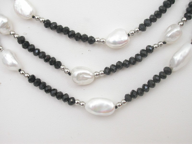 natural 17"-19" 3row 12mm white pearls Faceted black agate necklace bracelet set c1717