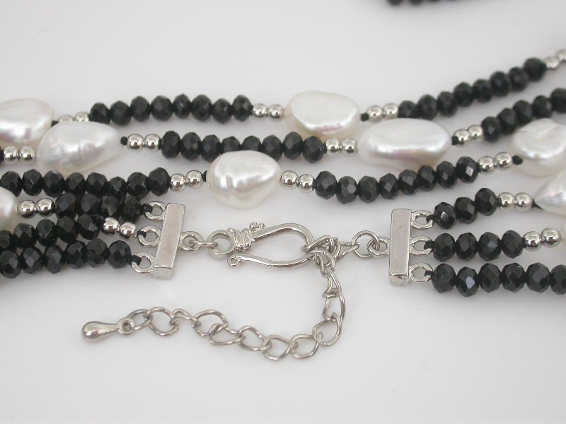 natural 17"-19" 3row 12mm white pearls Faceted black agate necklace bracelet set c1717