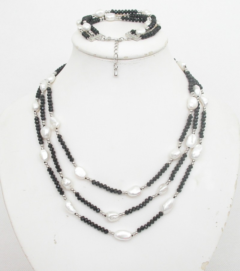 natural 17"-19" 3row 12mm white pearls Faceted black agate necklace bracelet set c1717