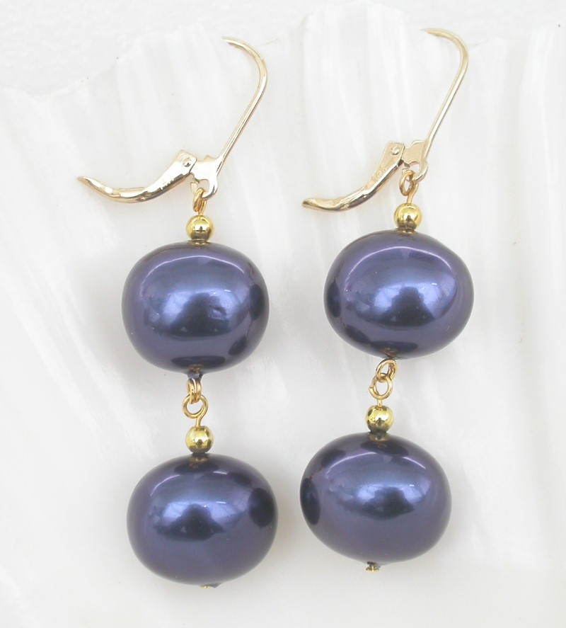 AAA Dangle 13X15mm Vicia faba navy blue south sea shell pearl Earrings 14K c1732