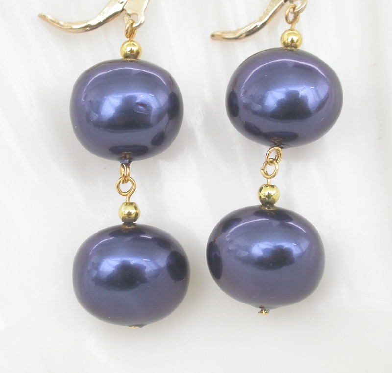 AAA Dangle 13X15mm Vicia faba navy blue south sea shell pearl Earrings 14K c1732