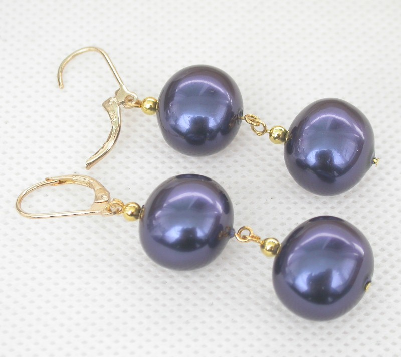 AAA Dangle 13X15mm Vicia faba navy blue south sea shell pearl Earrings 14K c1732