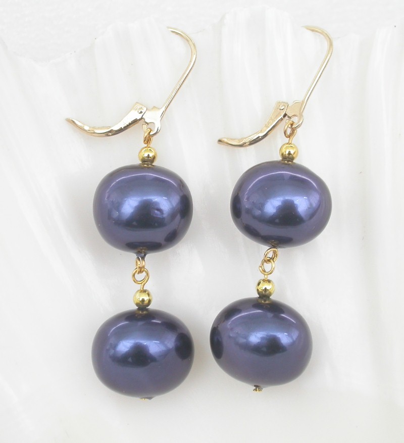 AAA Dangle 13X15mm Vicia faba navy blue south sea shell pearl Earrings 14K c1732