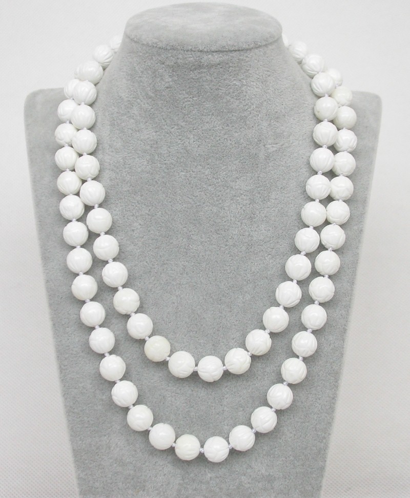 Selectable AAA Long Natural 37" 8mm 10mm 12mm Round White Carving Coral Gemstone Beads Necklace c1754