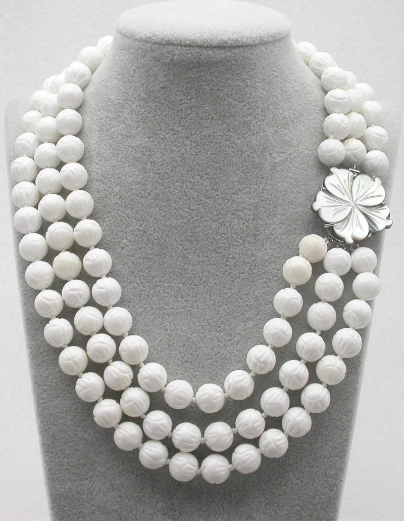 Selectable Natural 17" 3row 8mm 10mm 12mm Round White Carving Coral Gemstone Beads Necklace