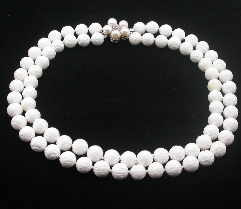Selectable Natural 17" 2row 8mm 10mm 12mm Round White Carving Coral Gemstone Beads Necklace c1758