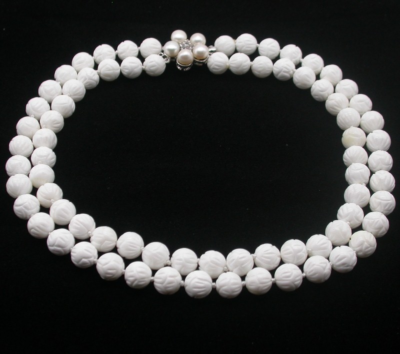 Selectable Natural 17" 2row 8mm 10mm 12mm Round White Carving Coral Gemstone Beads Necklace c1758