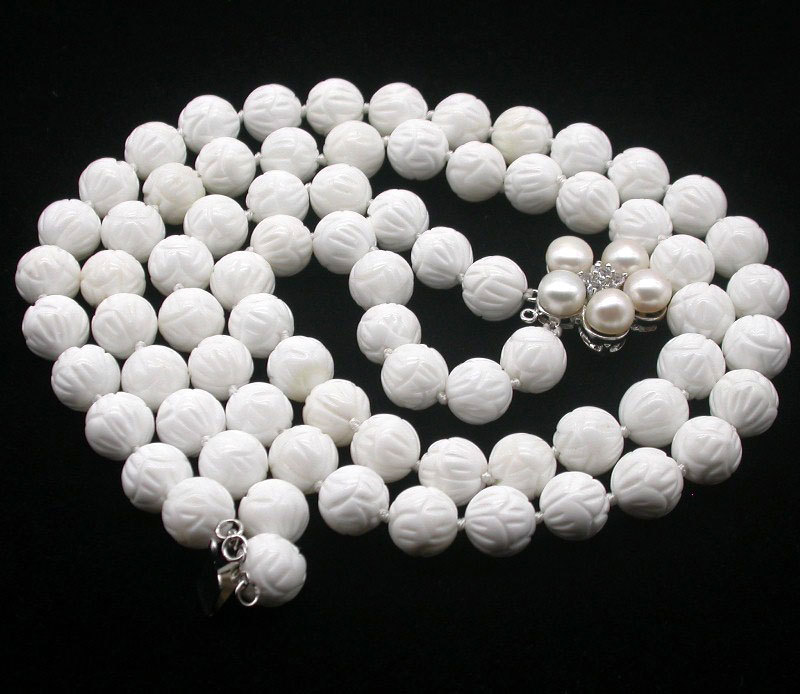 Selectable Natural 17" 2row 8mm 10mm 12mm Round White Carving Coral Gemstone Beads Necklace c1758
