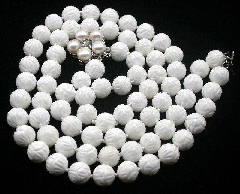 Selectable Natural 17" 2row 8mm 10mm 12mm Round White Carving Coral Gemstone Beads Necklace c1758