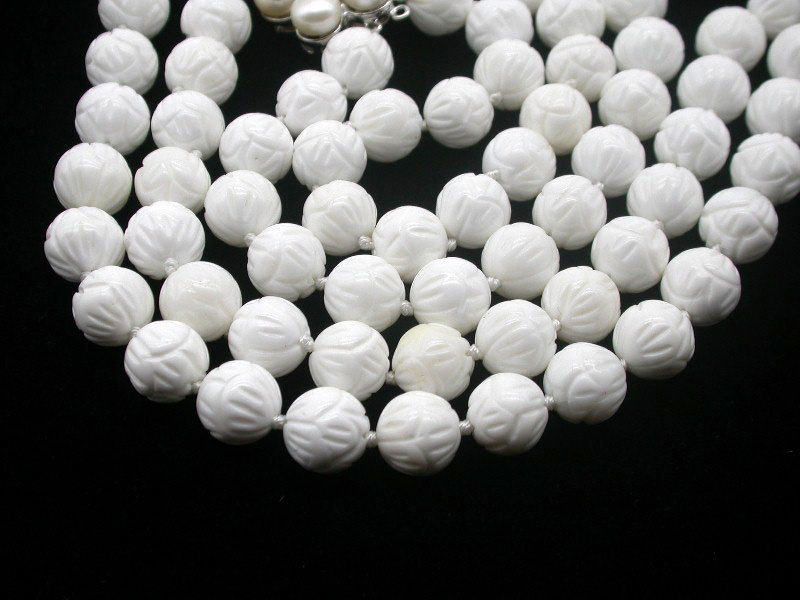 Selectable Natural 17" 2row 8mm 10mm 12mm Round White Carving Coral Gemstone Beads Necklace c1758