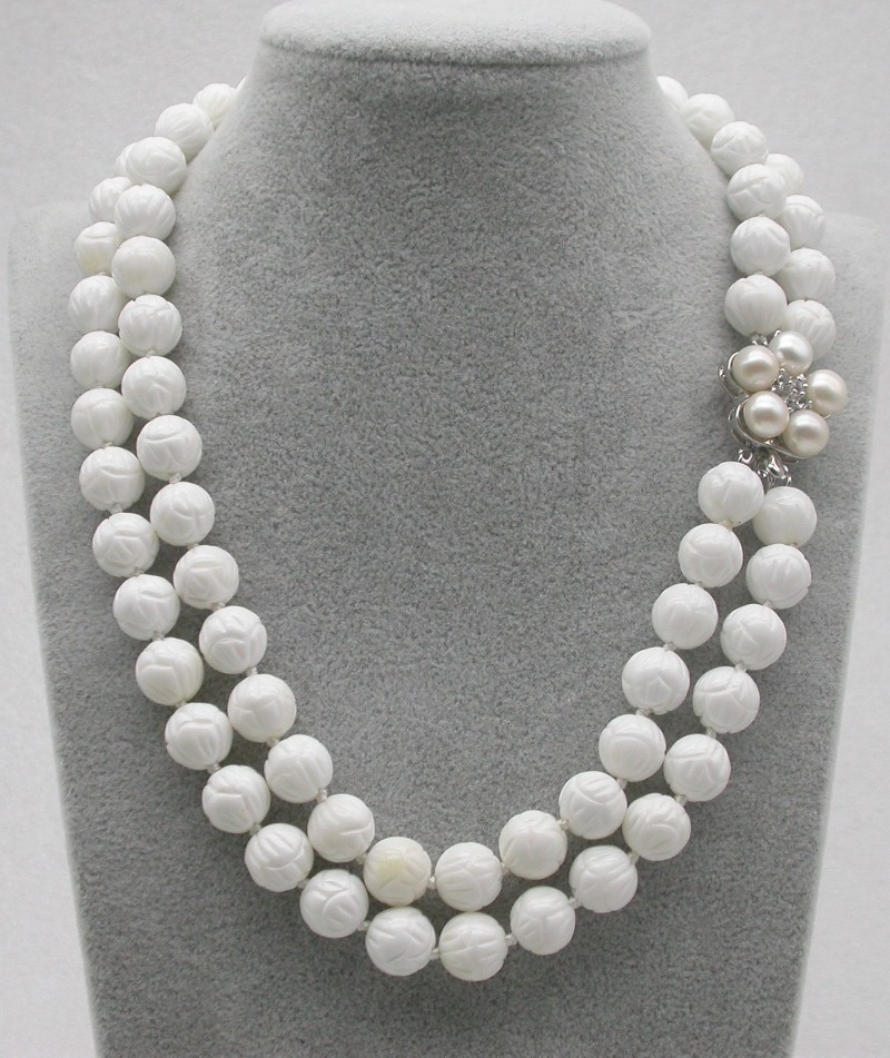 Selectable Natural 17" 2row 8mm 10mm 12mm Round White Carving Coral Gemstone Beads Necklace c1758