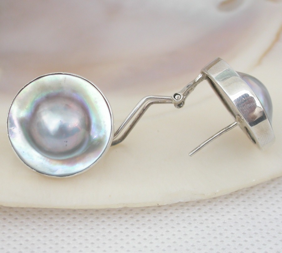 AAA natural 20mm rare gray South Sea Mabe Pearls Earrings 925s silver Stud c1773