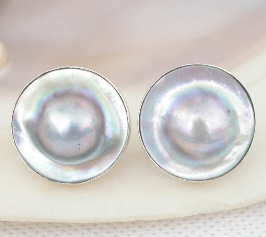 AAA natural 20mm rare gray South Sea Mabe Pearls Earrings 925s silver Stud c1773