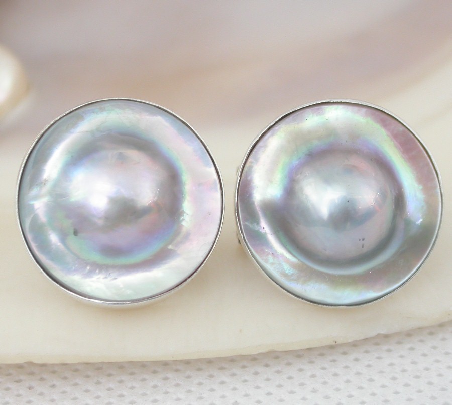 AAA natural 20mm rare gray South Sea Mabe Pearls Earrings 925s silver Stud c1773