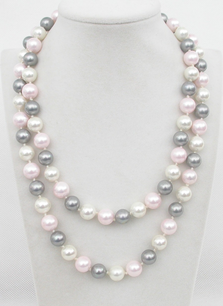 Long 36" 10mm round white pink gray Multicolor south sea shell pearls necklace c1778