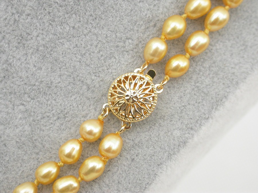 AAAA natural 18" 2row 7mm rice Baroque yellow FW pearls beads necklace c1786