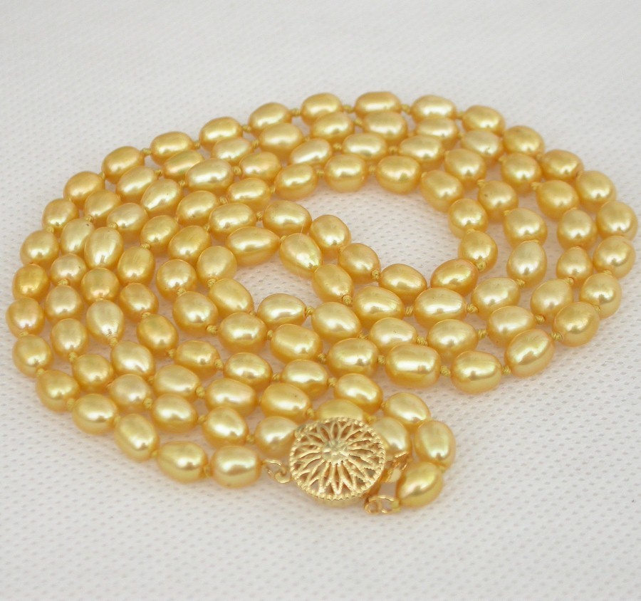 AAAA natural 18" 2row 7mm rice Baroque yellow FW pearls beads necklace c1786