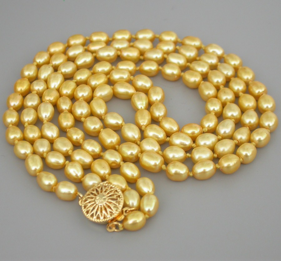 AAAA natural 18" 2row 7mm rice Baroque yellow FW pearls beads necklace c1786