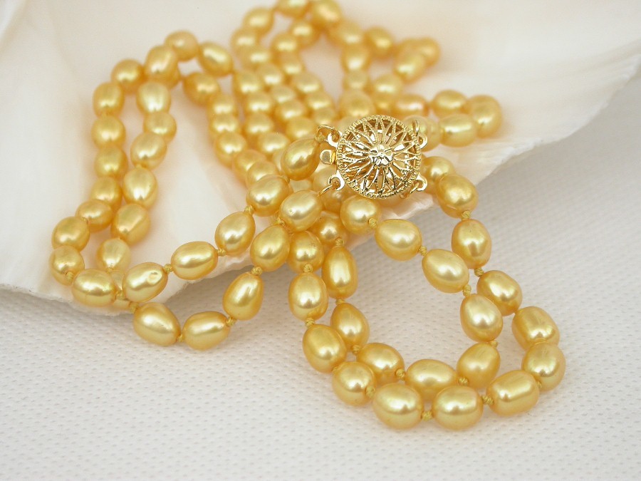 AAAA natural 18" 2row 7mm rice Baroque yellow FW pearls beads necklace c1786
