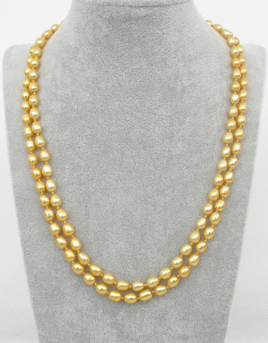 AAAA natural 18" 2row 7mm rice Baroque yellow FW pearls beads necklace c1786