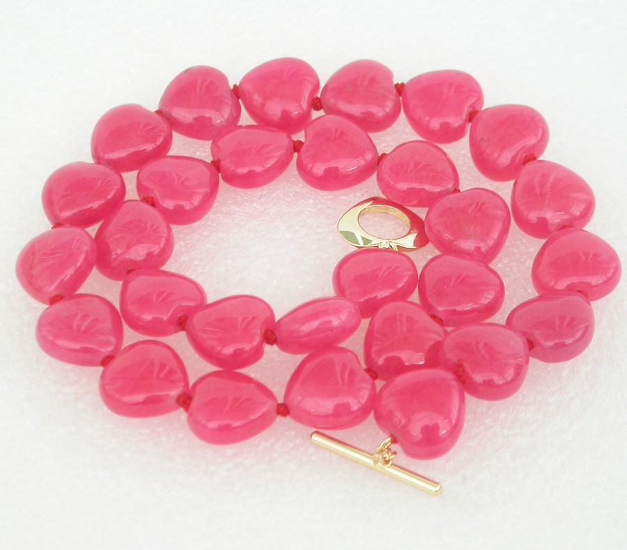 natural 17.5" 14mm heart-shaped roseo pink jade beads necklace filled gold clasp