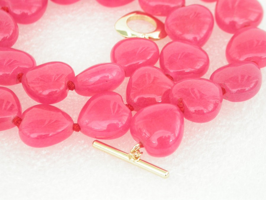 natural 17.5" 14mm heart-shaped roseo pink jade beads necklace filled gold clasp