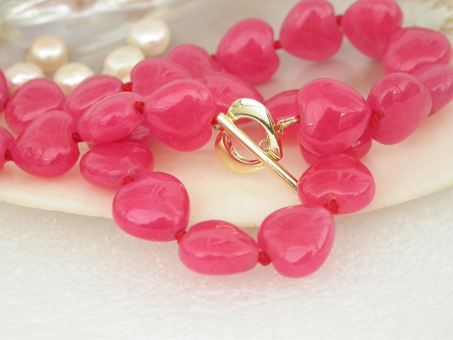 natural 17.5" 14mm heart-shaped roseo pink jade beads necklace filled gold clasp