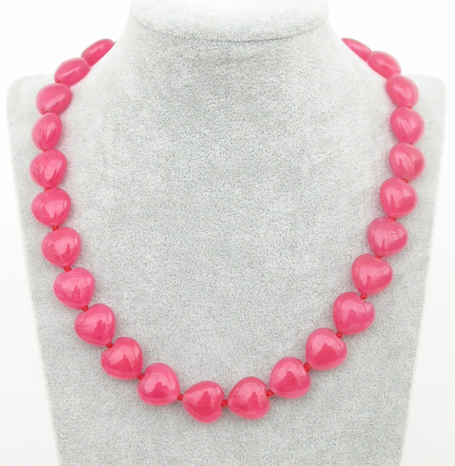 natural 17.5" 14mm heart-shaped roseo pink jade beads necklace filled gold clasp