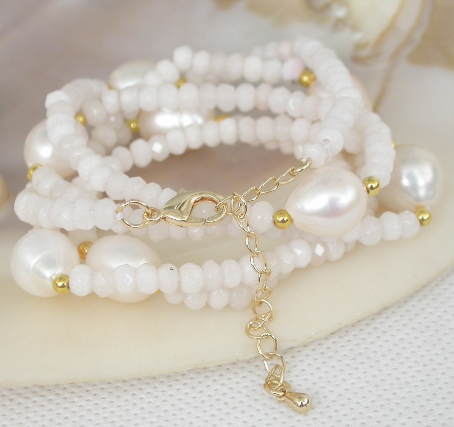 30" 12mm white pearls Faceted Rondelle white jade Gems necklace bracelet c1792