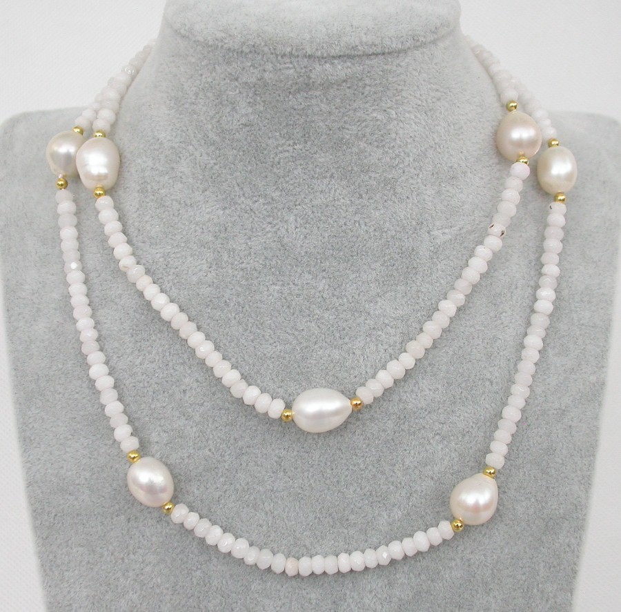 30" 12mm white pearls Faceted Rondelle white jade Gems necklace bracelet c1792