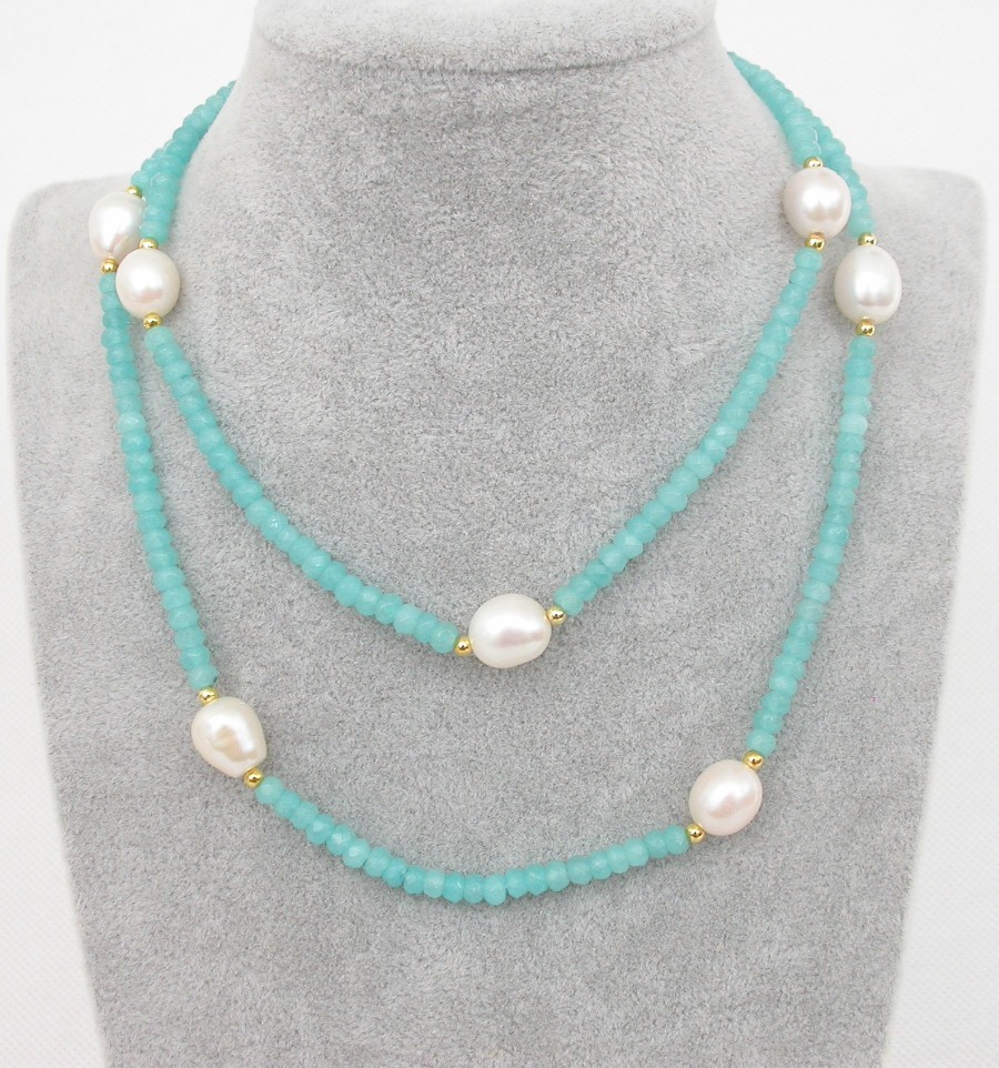 Long 30" 12mm rice white pearls Faceted Rondelle sky-blue jade Gems necklace c1812
