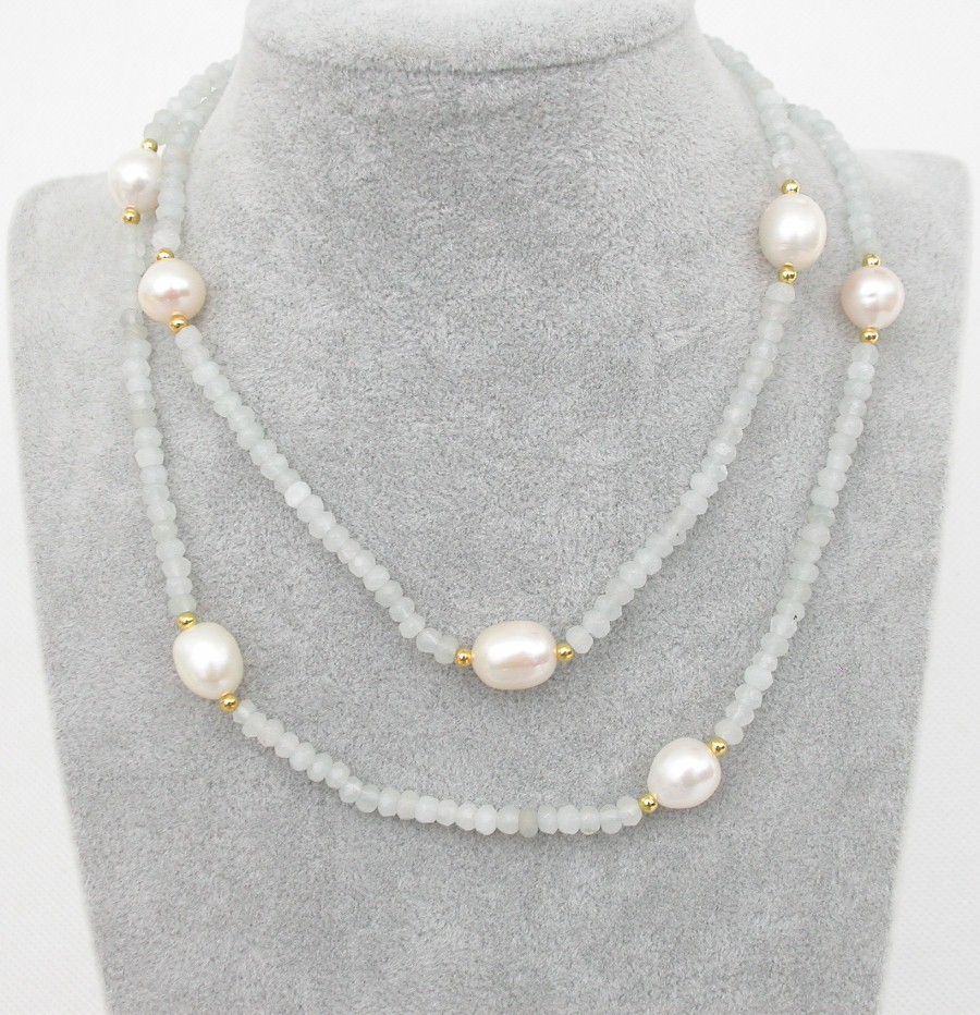 Long 30" 12mm rice white pearls Faceted Rondelle white jade Gems necklace c1813