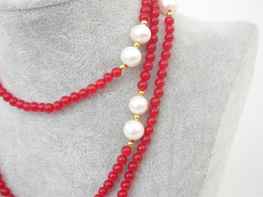 Popular Long  natural 47" 9mm round white pearls red jade necklace filled gold c1825