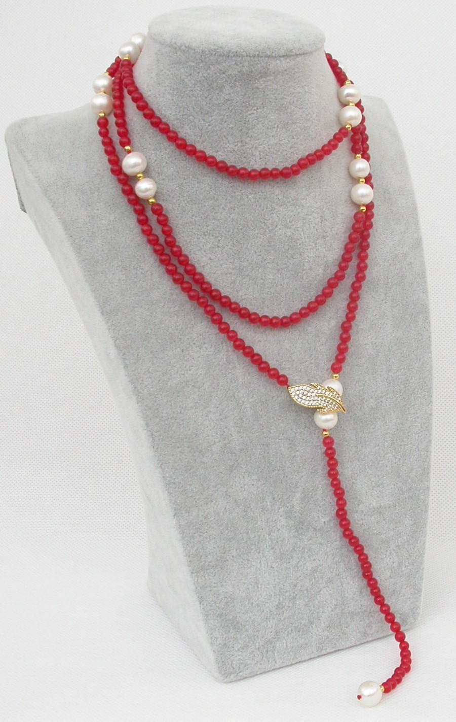 Popular Long  natural 47" 9mm round white pearls red jade necklace filled gold c1825