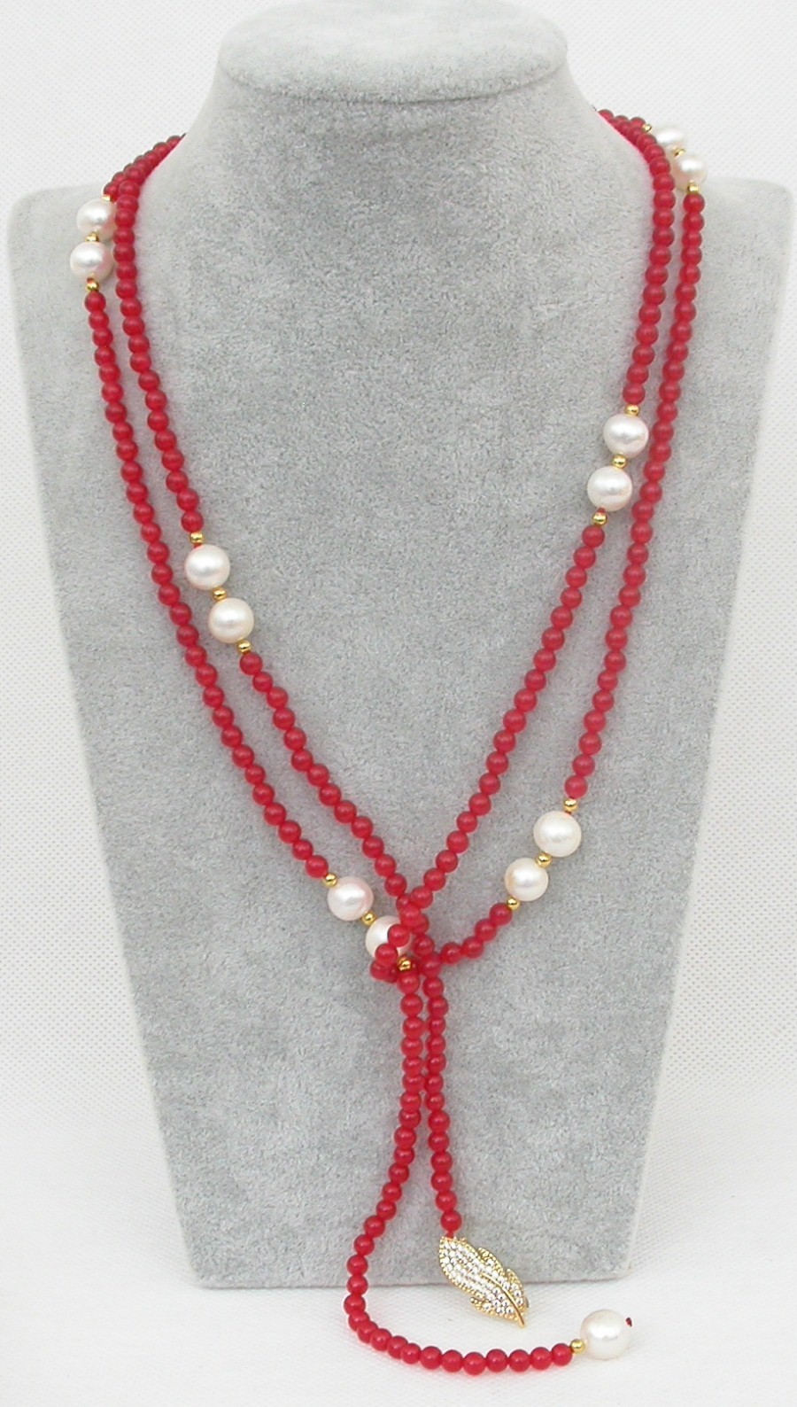 Popular Long  natural 47" 9mm round white pearls red jade necklace filled gold c1825