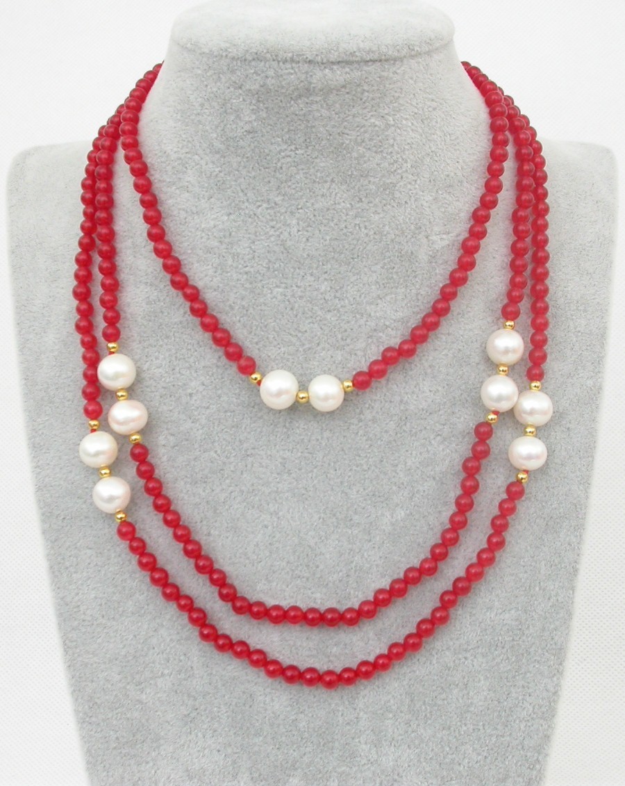 Popular Long  natural 47" 9mm round white pearls red jade necklace filled gold c1825