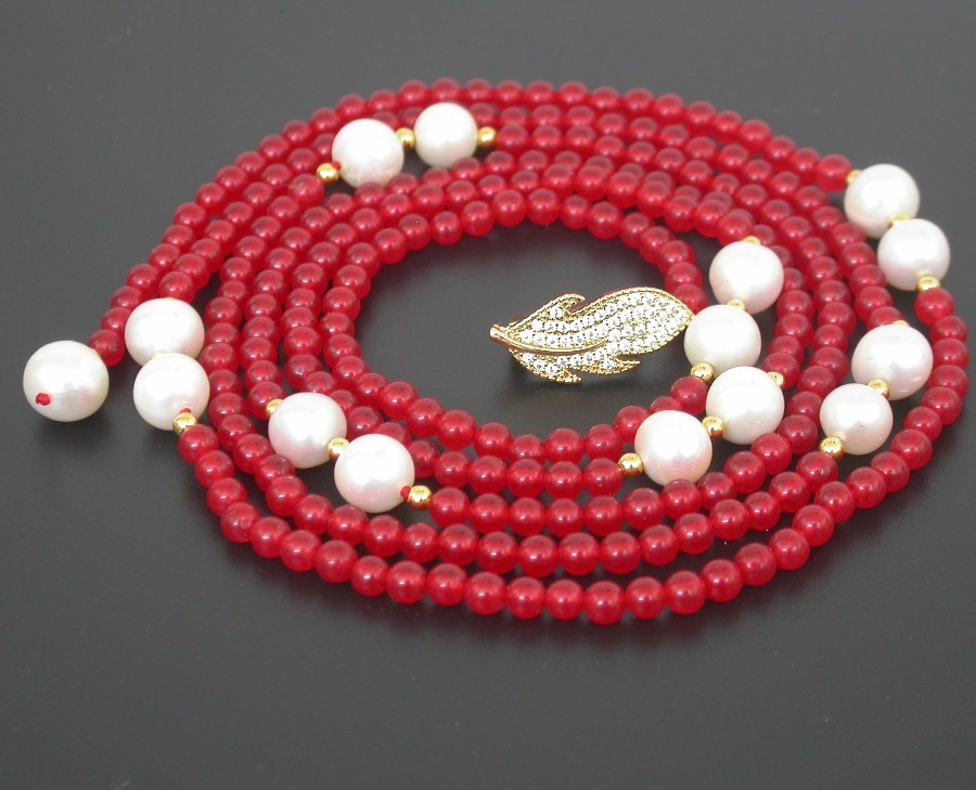 Popular Long  natural 47" 9mm round white pearls red jade necklace filled gold c1825