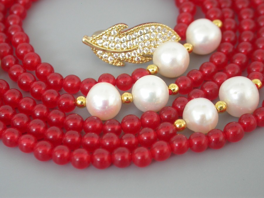 Popular Long  natural 47" 9mm round white pearls red jade necklace filled gold c1825