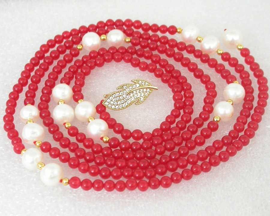 Popular Long  natural 47" 9mm round white pearls red jade necklace filled gold c1825