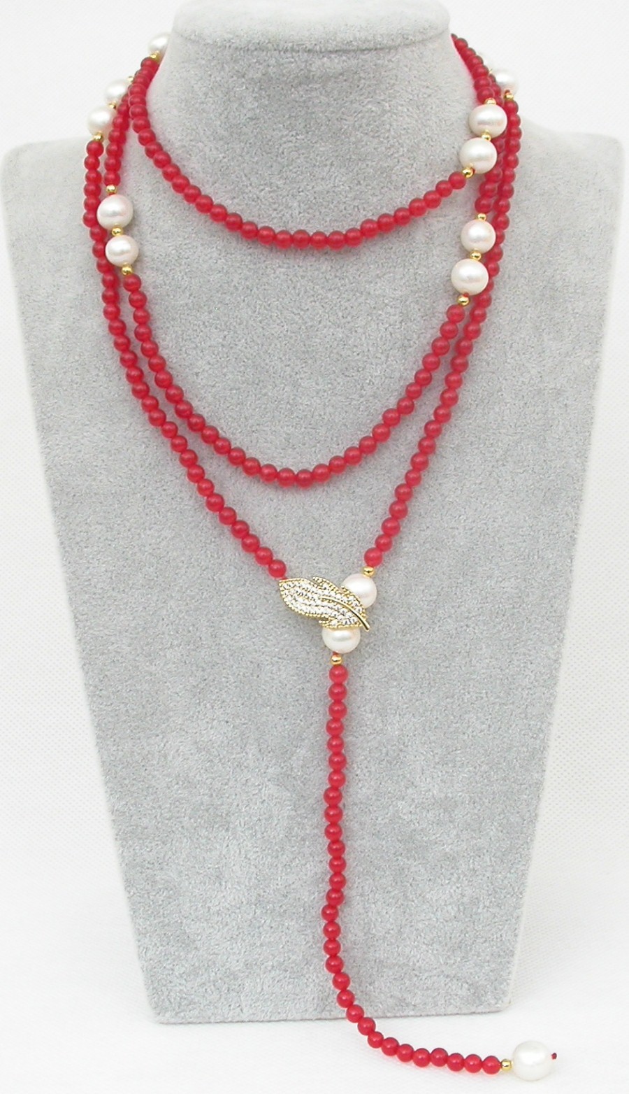 Popular Long  natural 47" 9mm round white pearls red jade necklace filled gold c1825