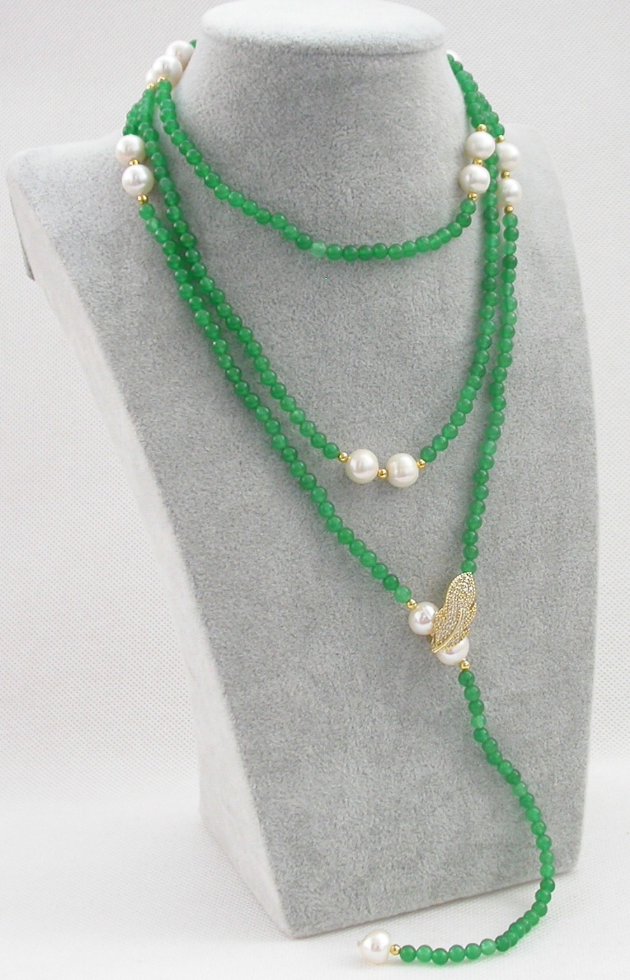 Popular Long  natural 47" 9mm round white pearls green jade necklace filled gold c1837