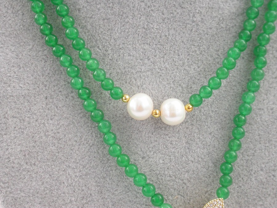 Popular Long  natural 47" 9mm round white pearls green jade necklace filled gold c1837