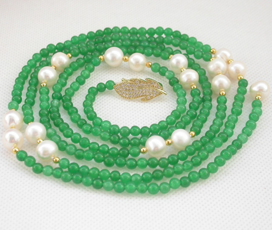 Popular Long  natural 47" 9mm round white pearls green jade necklace filled gold c1837